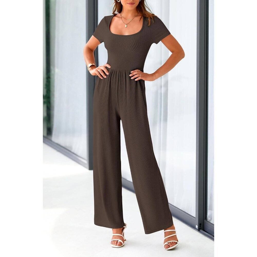 Women's Coffee Summer Short Sleeve Square Neck Wide Leg Rompers Jumpsuits - Picture 7 of 8